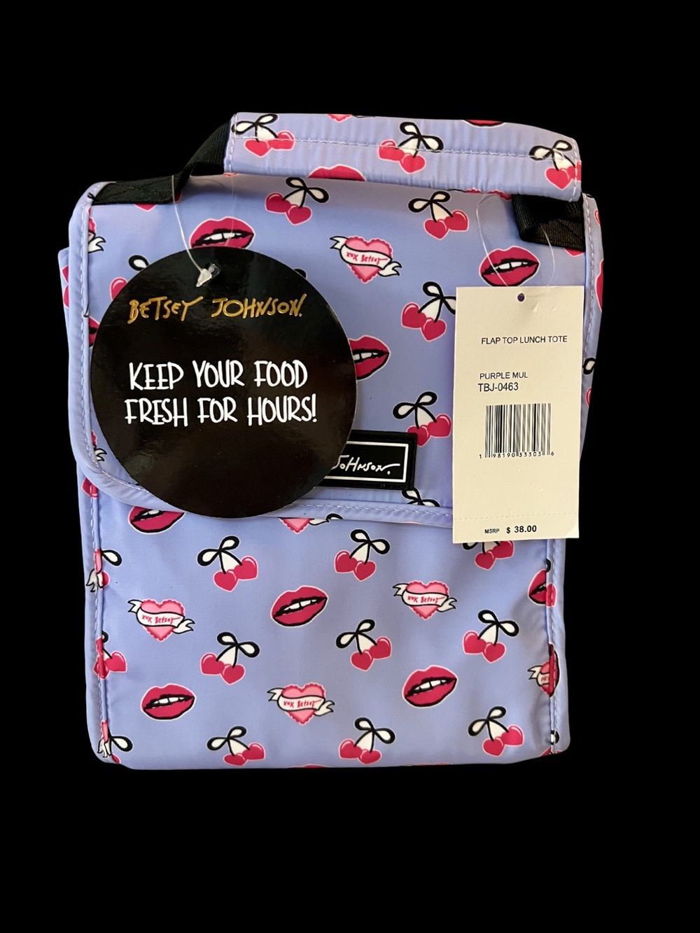 Betsey Johnson Flap Top Insulated Lunch Tote Cherry Lips Purple Rocker Y2K NWT